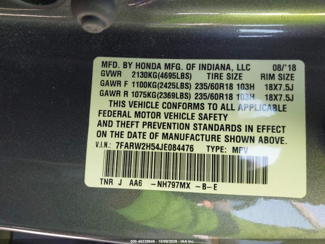 46339946 :رقم المزاد ، 7FARW2H54JE084476 vin ، 2018 Honda Cr-v Ex مزاد بيع