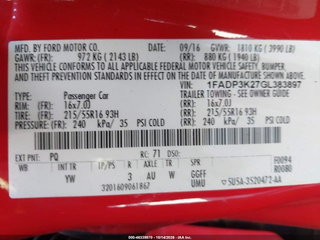 Продаж на аукціоні авто 2016 Ford Focus Se, vin: 1FADP3K27GL383897, номер лоту: 46339970