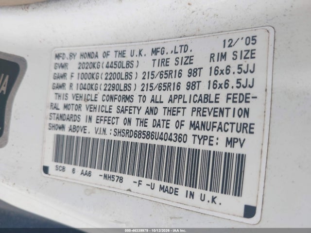 46339979 :رقم المزاد ، SHSRD68586U404360 vin ، 2006 Honda Cr-v Lx مزاد بيع