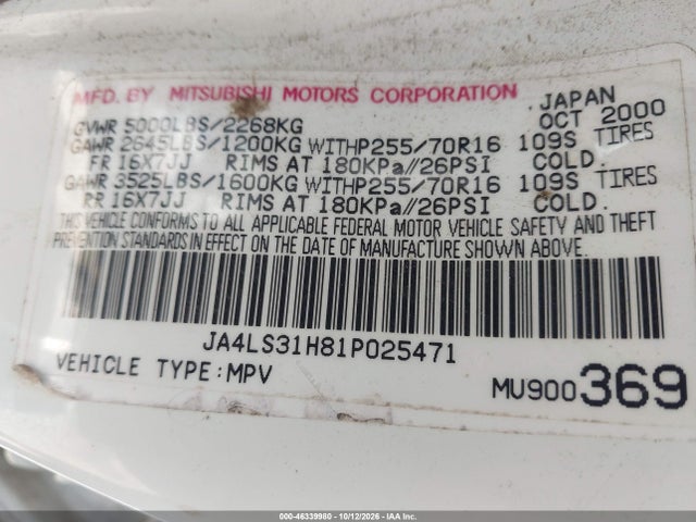 Aukcja sprzedaży 2001 Mitsubishi Montero Sport Xls, vin: JA4LS31H81P025471, numer aukcji: 46339980