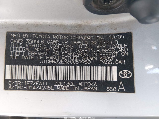 2006 Toyota Corolla Ce მანქანა იყიდება აუქციონზე, vin: JTDBR32EX60059980, აუქციონის ნომერი: 46339996