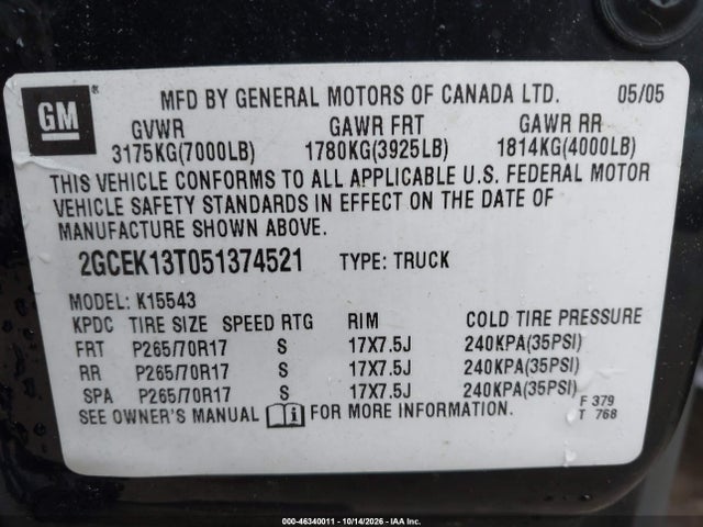 Aukcja sprzedaży 2005 Chevrolet Silverado 1500 Z71, vin: 2GCEK13T051374521, numer aukcji: 46340011