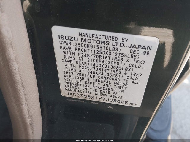 Продаж на аукціоні авто 2000 Isuzu Trooper Ls/ltd/s, vin: JACDS58X1Y7J08445, номер лоту: 46340029