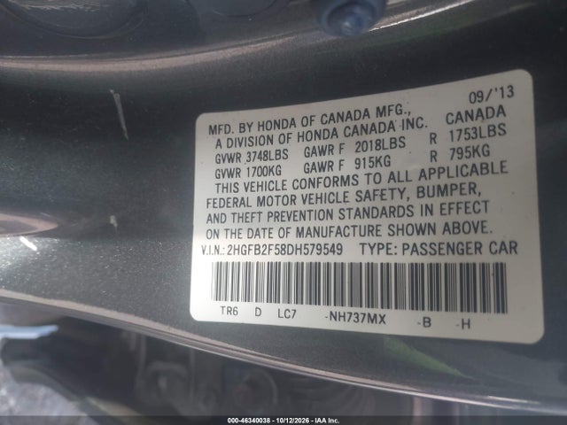 Продаж на аукціоні авто 2013 Honda Civic Lx, vin: 2HGFB2F58DH579549, номер лоту: 46340038