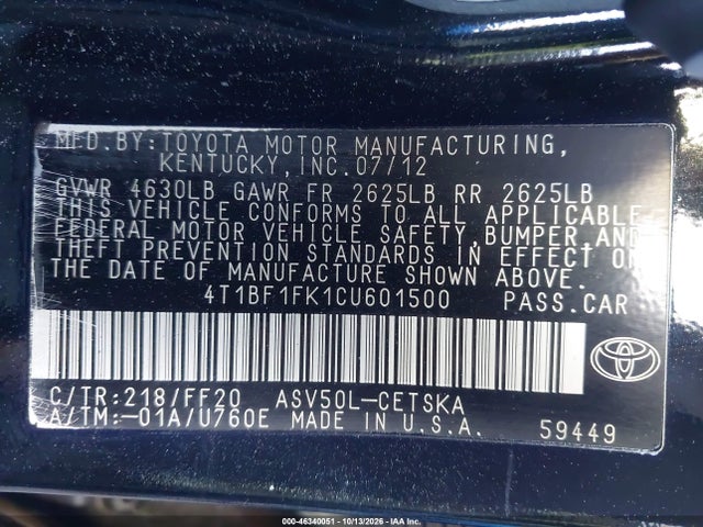 Aukcja sprzedaży 2012 Toyota Camry Se, vin: 4T1BF1FK1CU601500, numer aukcji: 46340051