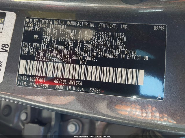 2012 Toyota Venza Le მანქანა იყიდება აუქციონზე, vin: 4T3ZA3BB2CU058311, აუქციონის ნომერი: 46340076
