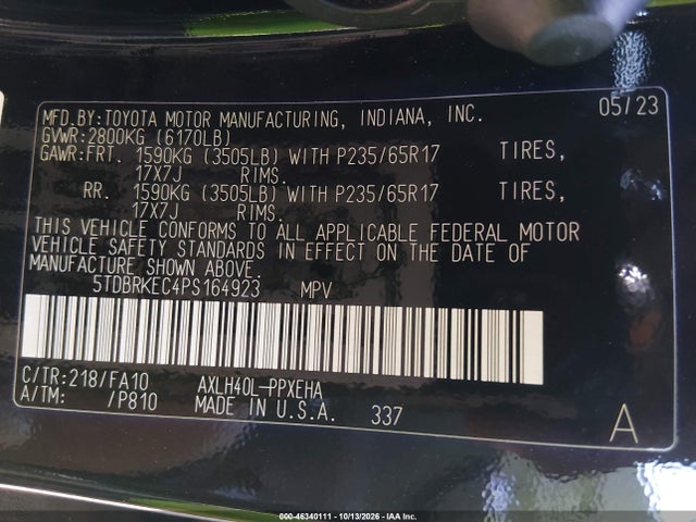 Aukcja sprzedaży 2023 Toyota Sienna Le, vin: 5TDBRKEC4PS164923, numer aukcji: 46340111