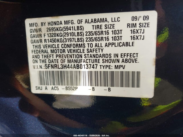 Aukcja sprzedaży 2010 Honda Odyssey Ex, vin: 5FNRL3H44AB013747, numer aukcji: 46340116