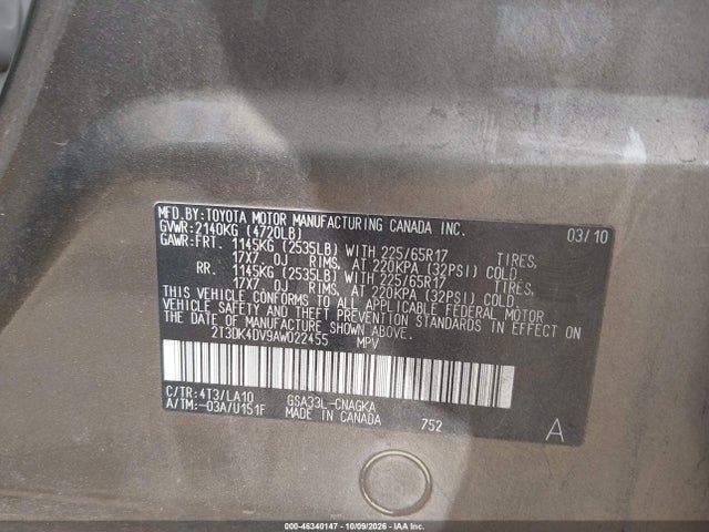 46340147 :رقم المزاد ، 2T3DK4DV9AW022455 vin ، 2010 Toyota Rav4 Limited V6 مزاد بيع