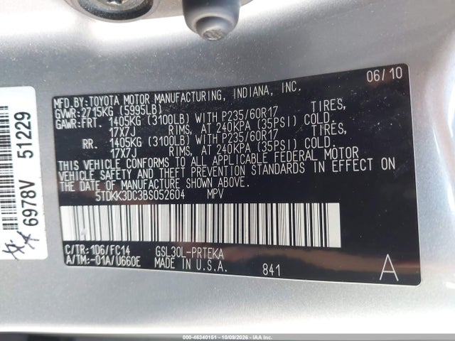 Aukcja sprzedaży 2011 Toyota Sienna Le V6, vin: 5TDKK3DC3BS052604, numer aukcji: 46340151