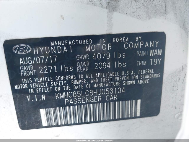Aukcja sprzedaży 2017 Hyundai Ioniq Hybrid Limited, vin: KMHC85LC8HU053134, numer aukcji: 46340158