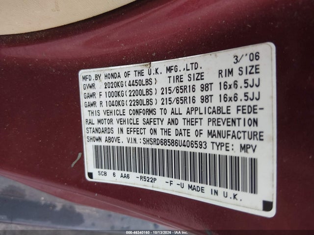 Продаж на аукціоні авто 2006 Honda Cr-v Lx, vin: SHSRD68586U406593, номер лоту: 46340160