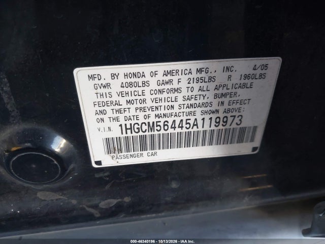 Aukcja sprzedaży 2005 Honda Accord 2.4 Lx, vin: 1HGCM56445A119973, numer aukcji: 46340196