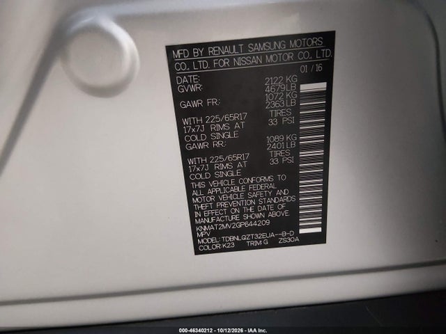 Продажа на аукционе авто 2016 Nissan Rogue Sv, vin: KNMAT2MV2GP644209, номер лота: 46340212