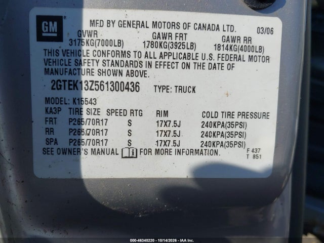 Продаж на аукціоні авто 2006 Gmc Sierra 1500 Slt, vin: 2GTEK13Z561300436, номер лоту: 46340220