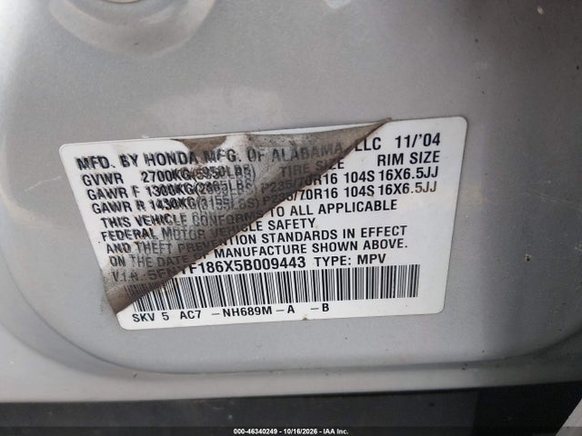 Продажа на аукционе авто 2005 Honda Pilot Ex-l, vin: 5FNYF186X5B009443, номер лота: 46340249