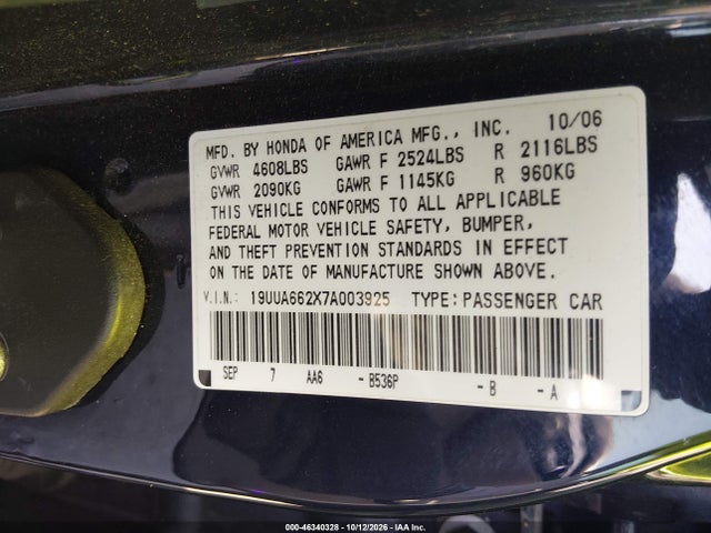 2007 Acura Tl 3.2 მანქანა იყიდება აუქციონზე, vin: 19UUA662X7A003925, აუქციონის ნომერი: 46340328