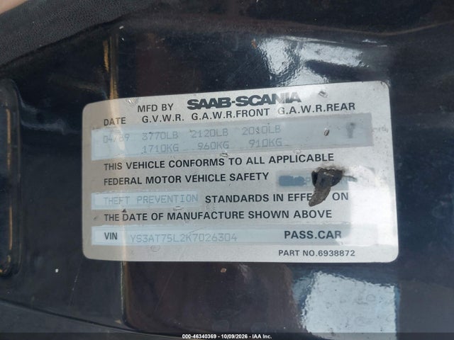 Продаж на аукціоні авто 1989 Saab 900, vin: YS3AT75L2K7026304, номер лоту: 46340369