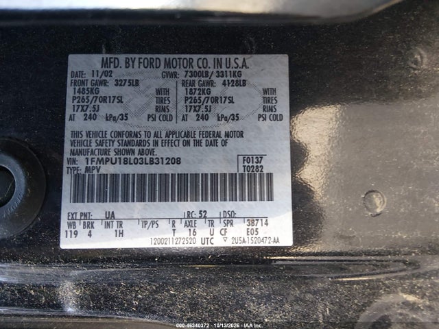 46340372 :رقم المزاد ، 1FMPU18L03LB31208 vin ، 2003 Ford Expedition Eddie Bauer مزاد بيع