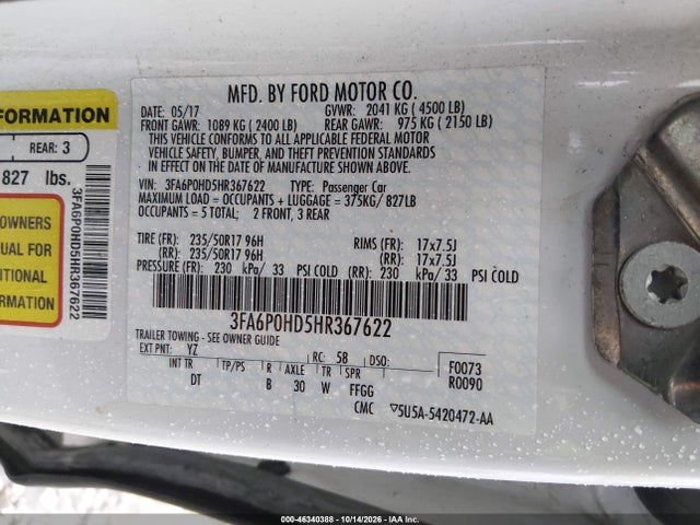 2017 Ford Fusion Se მანქანა იყიდება აუქციონზე, vin: 3FA6P0HD5HR367622, აუქციონის ნომერი: 46340388