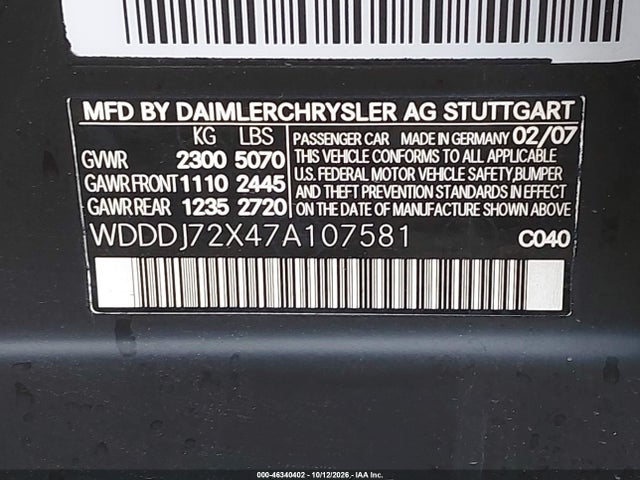 46340402 :رقم المزاد ، WDDDJ72X47A107581 vin ، 2007 Mercedes-benz Cls 550 مزاد بيع