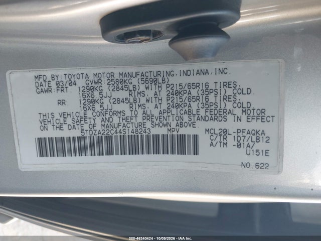 Aukcja sprzedaży 2004 Toyota Sienna Xle, vin: 5TDZA22C44S148243, numer aukcji: 46340424