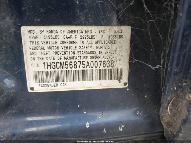 Aukcja sprzedaży 2005 Honda Accord 2.4 Ex, vin: 1HGCM56875A007638, numer aukcji: 46340435