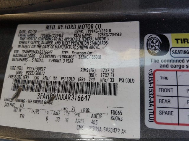 2010 Ford Fusion Sel მანქანა იყიდება აუქციონზე, vin: 3FAHP0JAXAR316647, აუქციონის ნომერი: 46340437