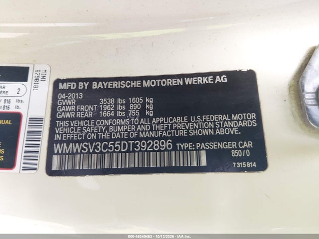 46340463 :رقم المزاد ، WMWSV3C55DT392896 vin ، 2013 Mini Hardtop Cooper S مزاد بيع