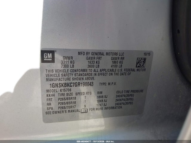 Aukcja sprzedaży 2016 Chevrolet Tahoe Lt, vin: 1GNSKBKC7GR190043, numer aukcji: 46340477