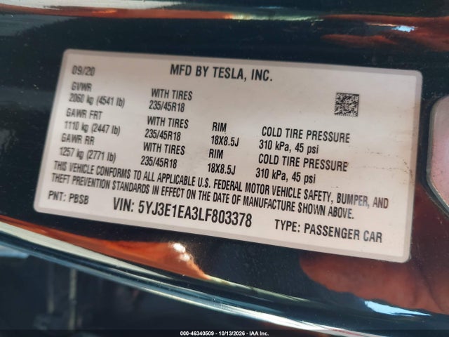 5YJ3E1EA3LF803378 Tesla Model 3 Standard Range Plus Rear-wheel Drive/standard Range Rear-wheel Drive