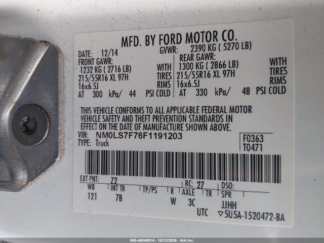 46340514 :رقم المزاد ، NM0LS7F76F1191203 vin ، 2015 Ford Transit Connect Xlt مزاد بيع