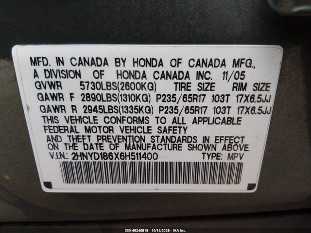 46340515 :رقم المزاد ، 2HNYD186X6H511400 vin ، 2006 Acura Mdx مزاد بيع