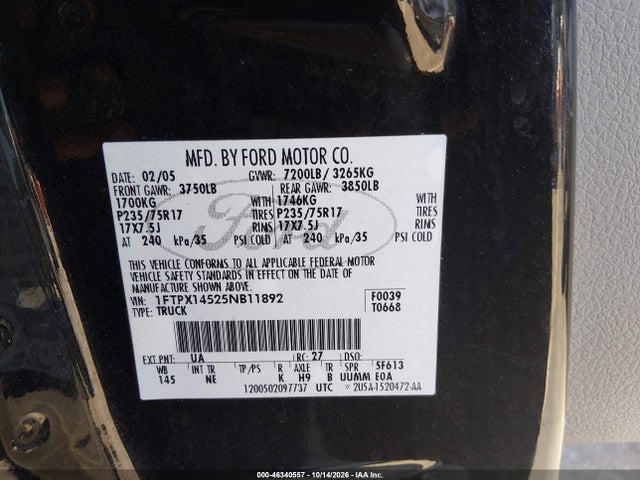 Aukcja sprzedaży 2005 Ford F-150 Fx4/lariat/xl/xlt, vin: 1FTPX14525NB11892, numer aukcji: 46340557