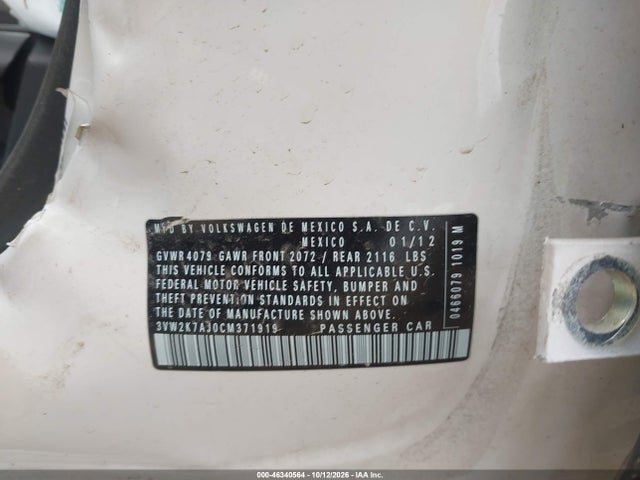 2012 Volkswagen Jetta 2.0l S მანქანა იყიდება აუქციონზე, vin: 3VW2K7AJ0CM371919, აუქციონის ნომერი: 46340564