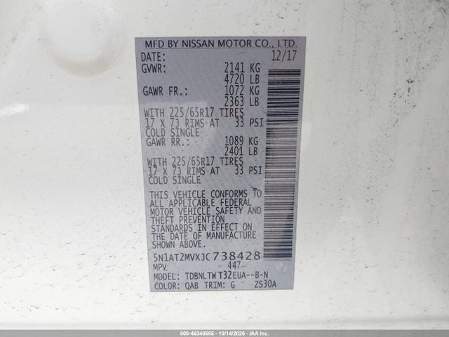 Продажа на аукционе авто 2018 Nissan Rogue Sv, vin: 5N1AT2MVXJC738428, номер лота: 46340585