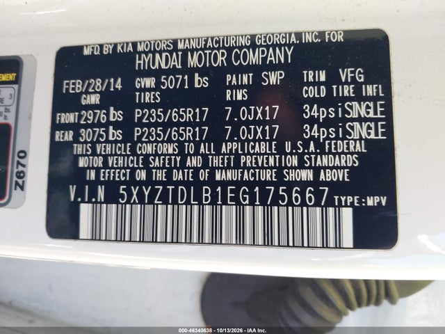 5XYZTDLB1EG175667 Hyundai Santa Fe Sport 2.4l