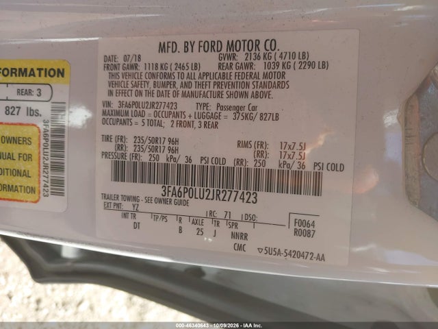 2018 Ford Fusion Hybrid Se მანქანა იყიდება აუქციონზე, vin: 3FA6P0LU2JR277423, აუქციონის ნომერი: 46340643