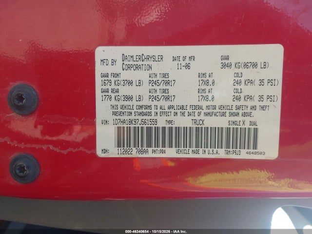 Продаж на аукціоні авто 2007 Dodge Ram 1500 St, vin: 1D7HA18K97J561559, номер лоту: 46340654