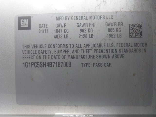 Aukcja sprzedaży 2011 Chevrolet Cruze Ls, vin: 1G1PC5SH4B7187008, numer aukcji: 46340684