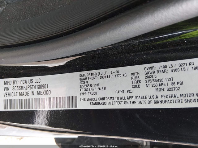 Продажа на аукционе авто 2026 Ram 1500, vin: 3C6SRFJP6T4180901, номер лота: 46340724