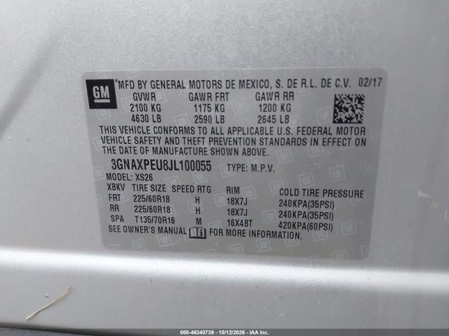 Продажа на аукционе авто 2018 Chevrolet Equinox Premier, vin: 3GNAXPEU8JL100055, номер лота: 46340739