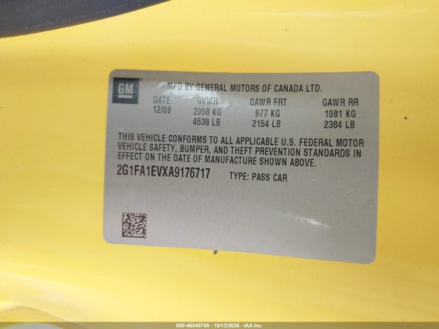 46340758 :رقم المزاد ، 2G1FA1EVXA9176717 vin ، 2010 Chevrolet Camaro 1ls مزاد بيع