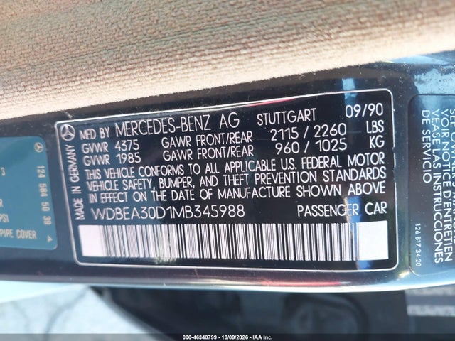 46340799 :رقم المزاد ، WDBEA30D1MB345988 vin ، 1991 Mercedes-benz 300 E مزاد بيع