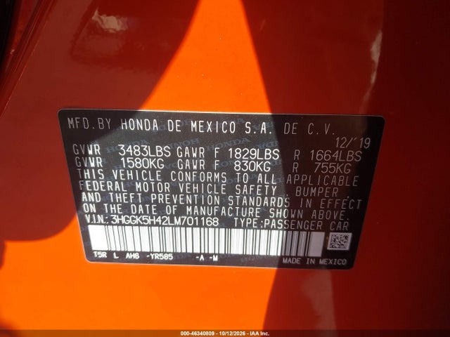 46340809 :رقم المزاد ، 3HGGK5H42LM701168 vin ، 2020 Honda Fit Lx مزاد بيع