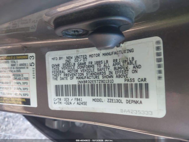 46340822 :رقم المزاد ، 1NXBR32E57Z901310 vin ، 2007 Toyota Corolla Le مزاد بيع