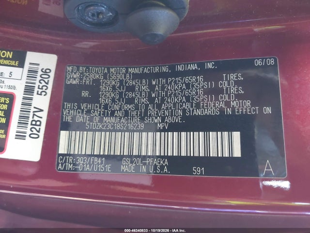 Aukcja sprzedaży 2008 Toyota Sienna Ce, vin: 5TDZK23C18S216239, numer aukcji: 46340833