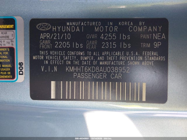 Продаж на аукціоні авто 2010 Hyundai Genesis 2.0t, vin: KMHHT6KD8AU038952, номер лоту: 46340881