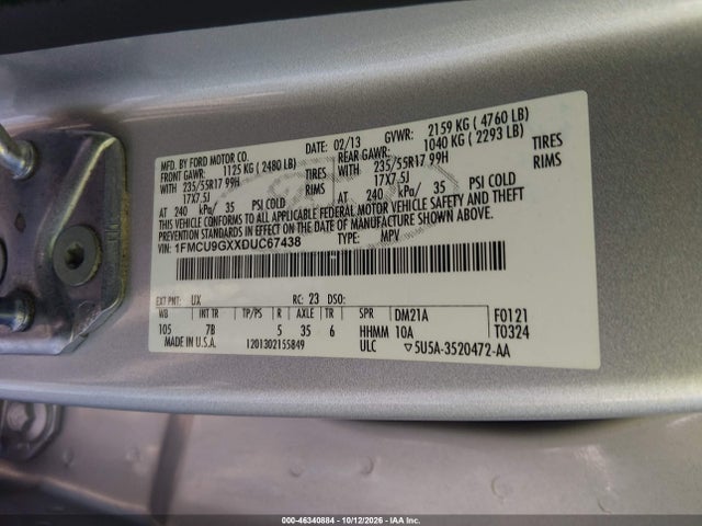 2013 Ford Escape Se მანქანა იყიდება აუქციონზე, vin: 1FMCU9GXXDUC67438, აუქციონის ნომერი: 46340884