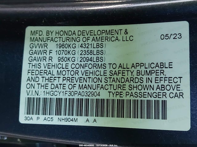 Aukcja sprzedaży 2023 Honda Accord Ex, vin: 1HGCY1F30PA032904, numer aukcji: 46340906